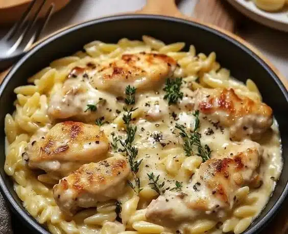 Creamy orzo with chicken served in a white bowl, garnished with herbs.