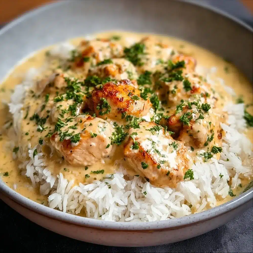 Creamy smothered chicken served over a bed of rice, garnished with herbs