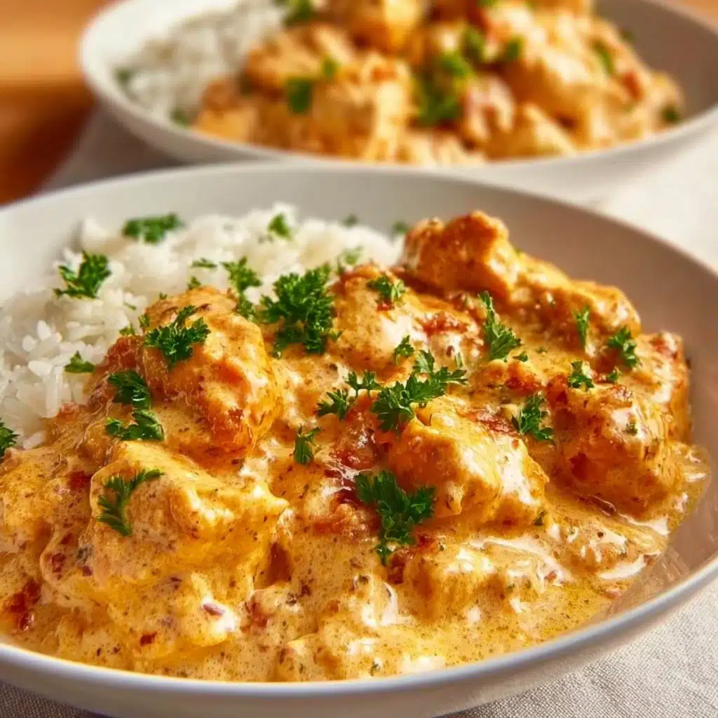 Creamy smothered chicken served over rice for a delicious meal