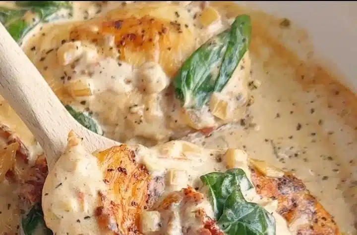 Delicious creamy Tuscan chicken served with fresh herbs and vegetables