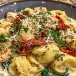 Plate of creamy Tuscan Garlic Chicken Tortellini garnished with herbs