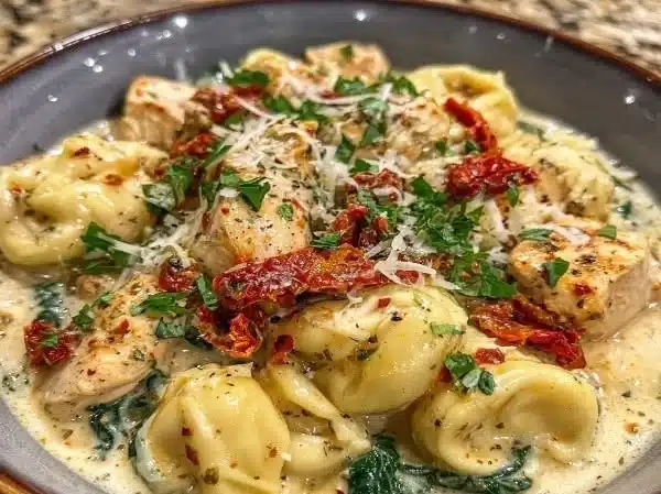 Plate of creamy Tuscan Garlic Chicken Tortellini garnished with herbs