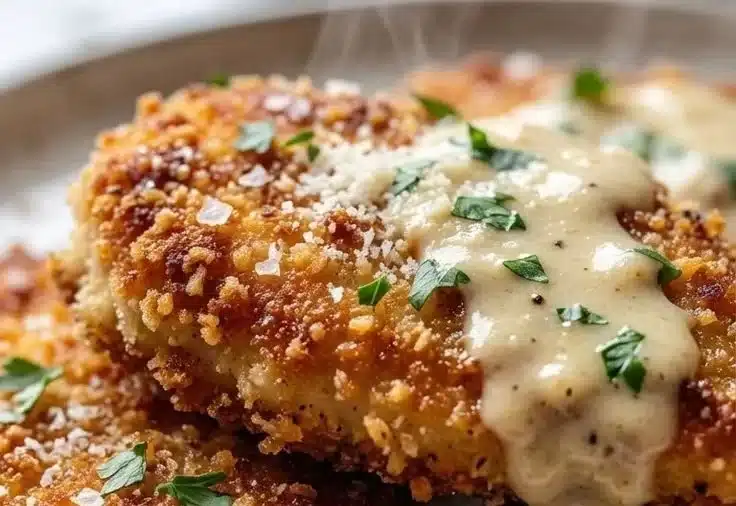 Plate of Crispy Parmesan Chicken with herbs and sides