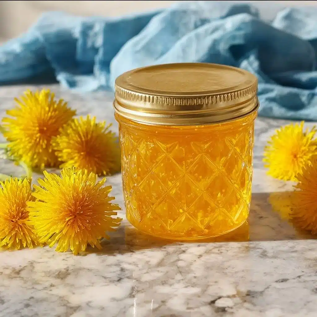 Homemade dandelion jelly in a mason jar with dandelion flowers