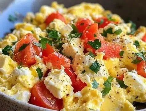 Healthy Mediterranean Scrambled Eggs with fresh vegetables and herbs