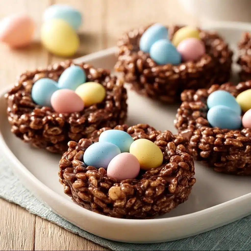 Colorful Easter Nests made of chocolate and candy eggs, a perfect holiday treat.