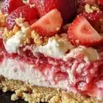 Easter Strawberry Cheesecake Dump Cake topped with fresh strawberries and cream.