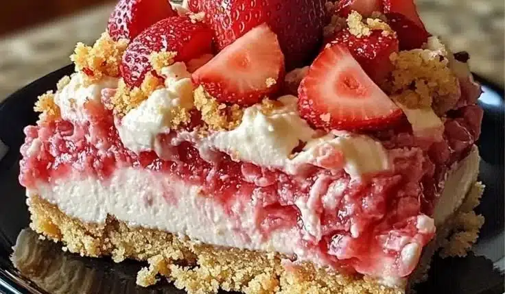 Easter Strawberry Cheesecake Dump Cake topped with fresh strawberries and cream.
