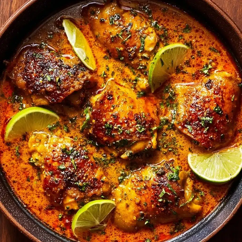 Plate of easy curry chicken thighs garnished with fresh herbs