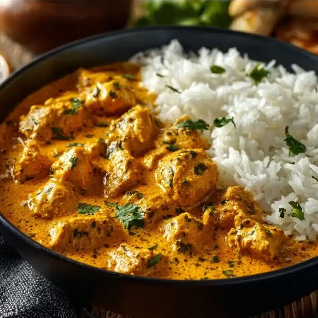 Plate of easy homemade chicken korma served with flatbread and rice