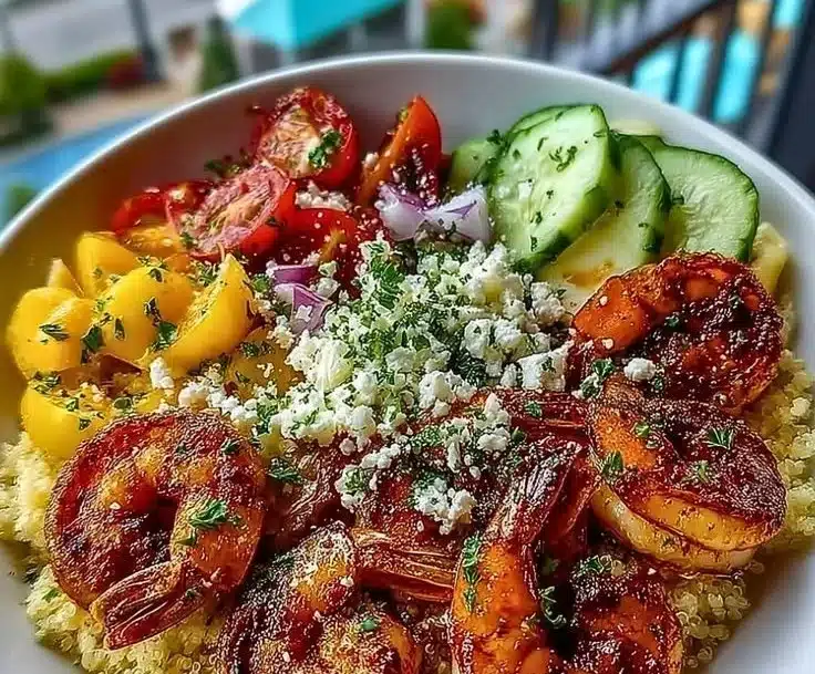 Delicious Mediterranean Shrimp Bowls with fresh vegetables and herbs