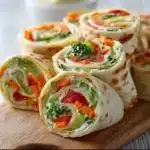 Colorful fresh vegetable tortilla roll ups with greens and spices
