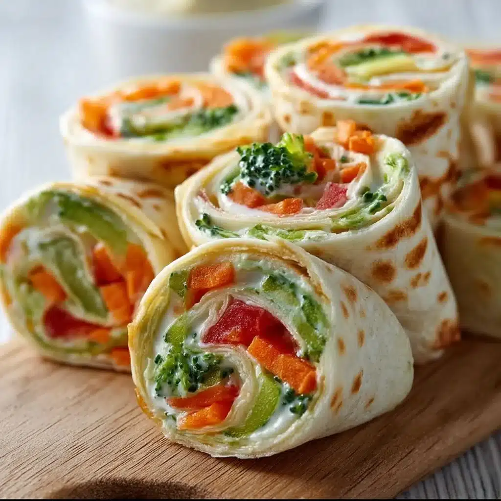 Colorful fresh vegetable tortilla roll ups with greens and spices