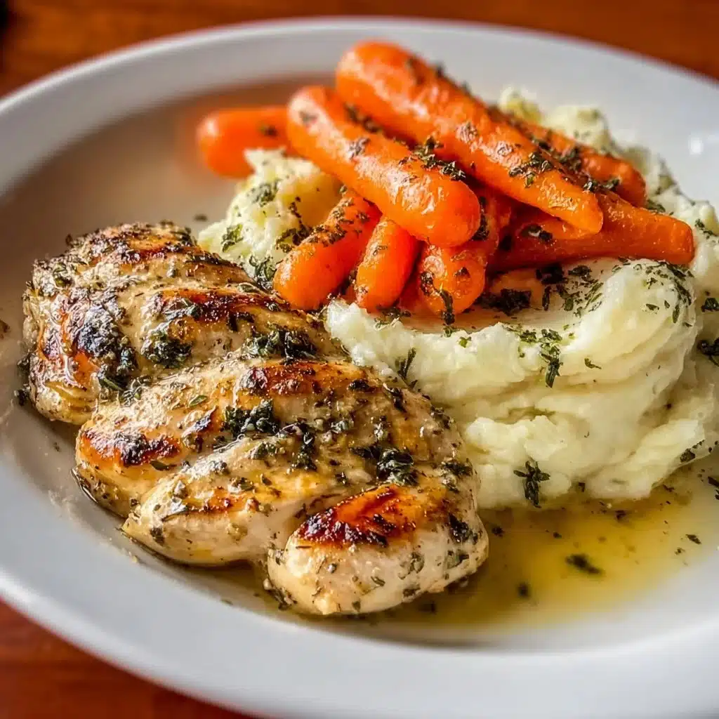 Plate of Garlic Herb Chicken with creamy mashed potatoes and glazed carrots