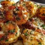 Plate of Garlic Parmesan Roasted Shrimp garnished with parsley and lemon slices.