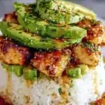 Gluten-free honey lime chicken served with avocado rice in a stack