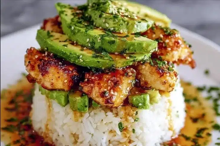 Gluten-free honey lime chicken served with avocado rice in a stack