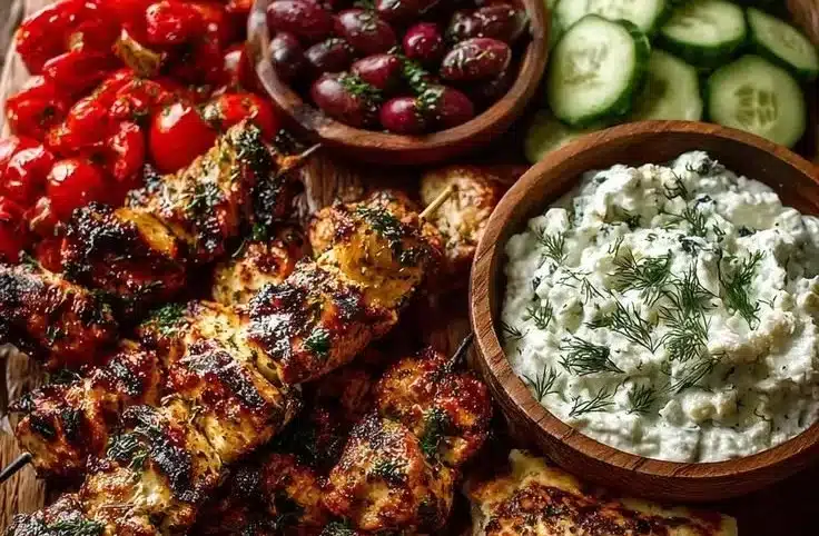 Greek chicken souvlaki grazing board with feta dip ready to share