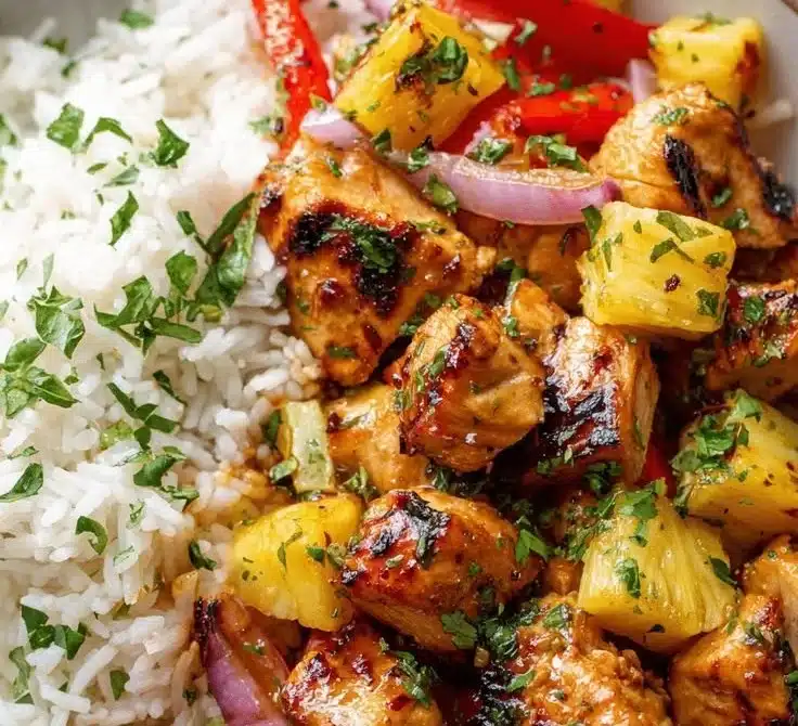 Hawaiian Chicken Sheet Pan dinner with vibrant vegetables and pineapple