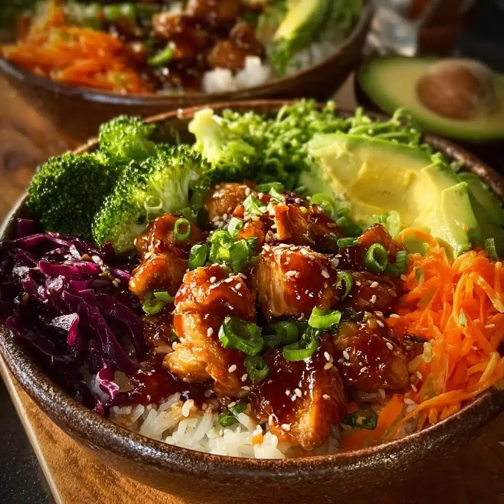 A healthy sticky chicken bowl featuring tender chicken, vibrant vegetables, and a flavorful sauce.