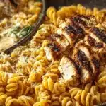 High protein garlic parmesan pasta bowl topped with fresh herbs and cheese