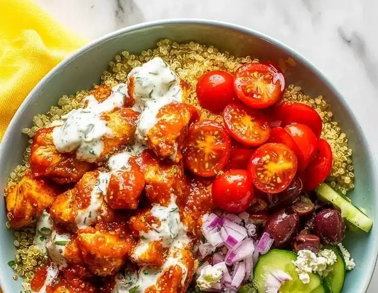High protein Mediterranean chicken bowls with fresh vegetables and grains.
