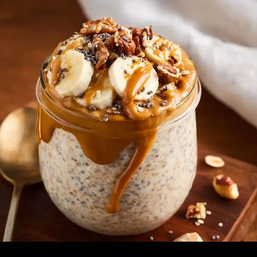 High-protein peanut butter overnight oats in a bowl topped with fruits