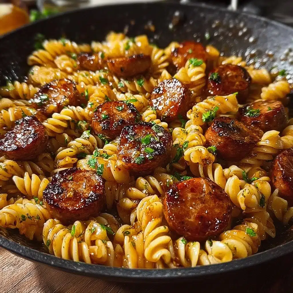 Delicious Honey Garlic Sausage Pasta served in a bowl with herbs on top.