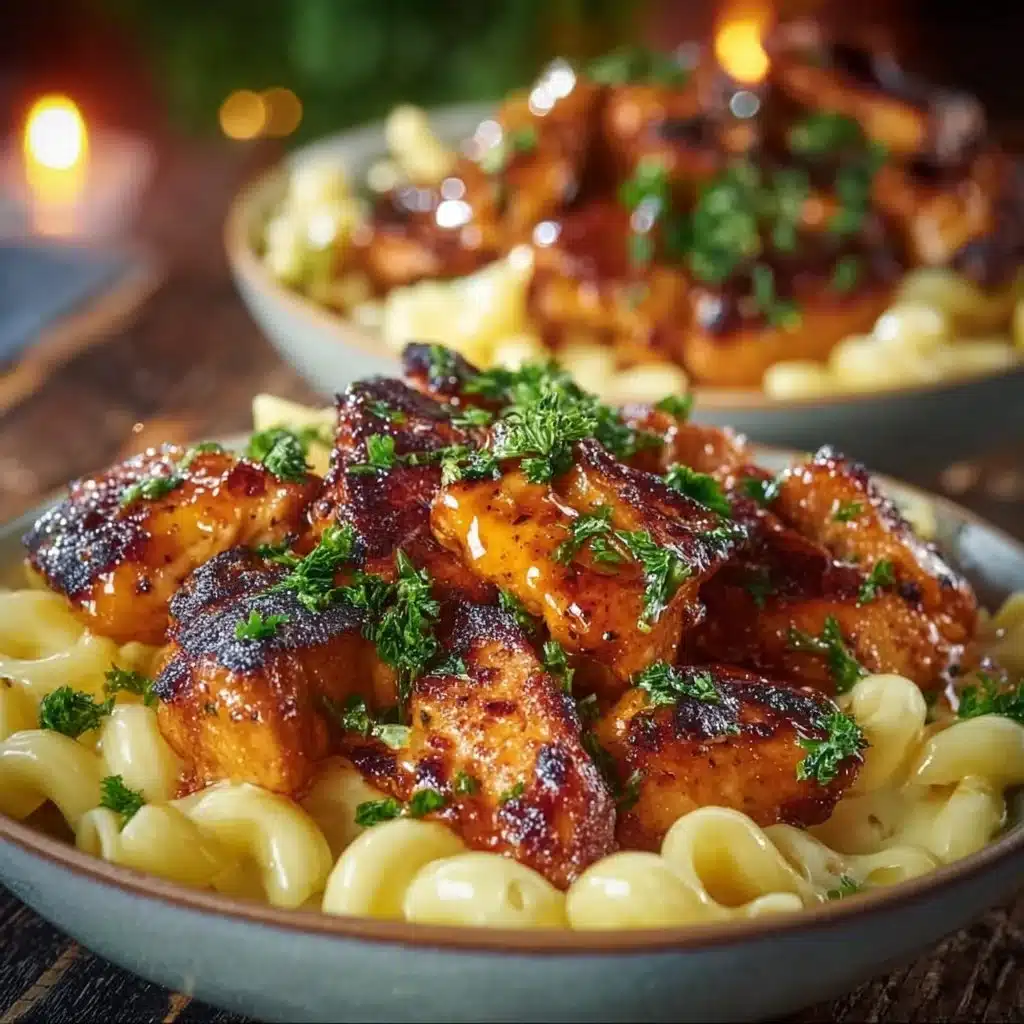 Delicious Honey Pepper Chicken served with creamy mac and cheese