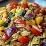 Bowl of roasted vegetable orzo with colorful veggies and herbs