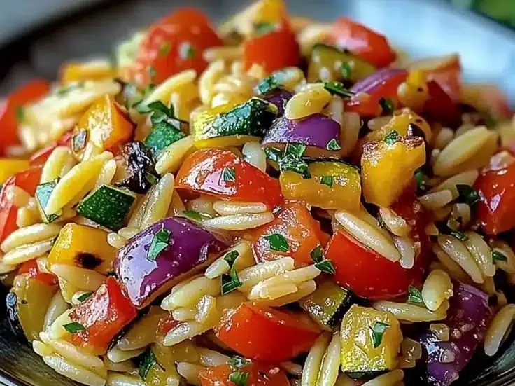 Bowl of roasted vegetable orzo with colorful veggies and herbs