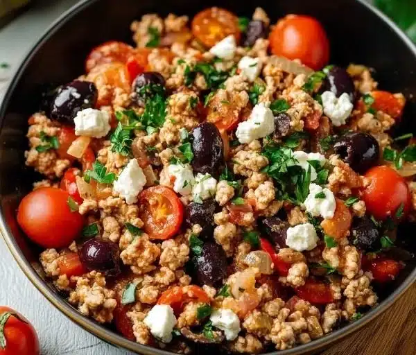 Keto Ground Chicken Skillet with Olives and Feta