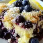 Lemon blueberry cheesecake dump cake served in a slice on a plate