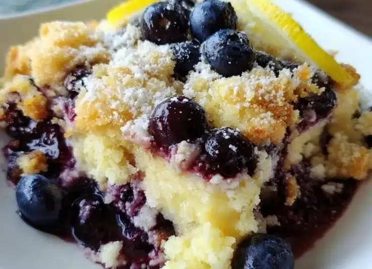 Lemon blueberry cheesecake dump cake served in a slice on a plate