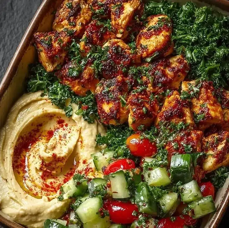 Lemon Chili Grilled Chicken Bowl with Cucumber Salad and Hummus