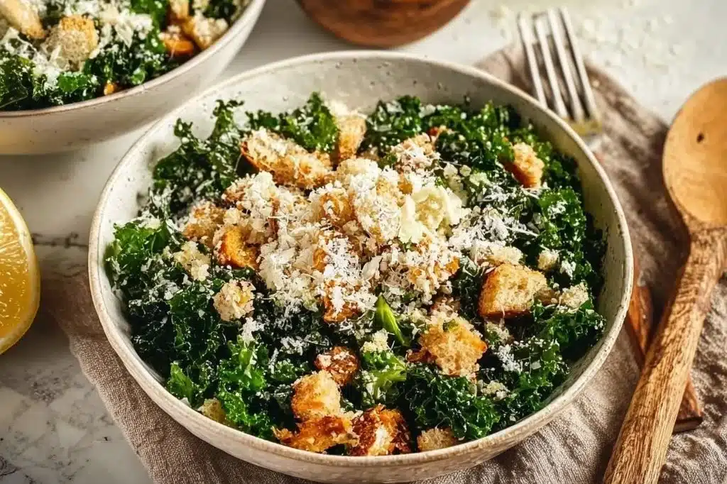 Bowl of Lemon Parm Kale Salad with Parmesan cheese and lemon dressing