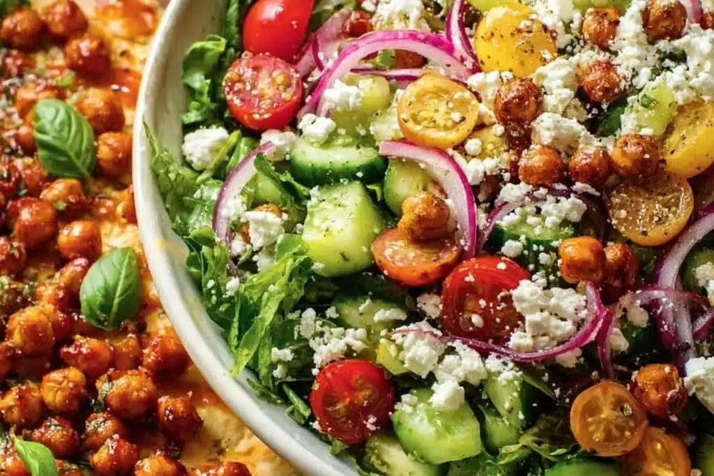 A colorful summer dinner plate featuring fresh vegetables and light protein.