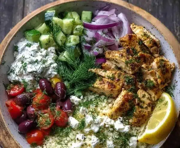 Low Carb High Protein Mediterranean Lemon Dill Chicken Bowl with fresh ingredients