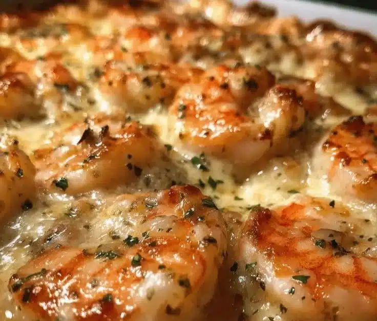 Low-carb shrimp Tuscan bake with creamy sauce and sun-dried tomatoes