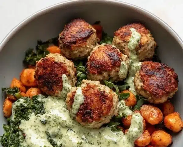 Delicious Mediterranean Chicken Meatball bowls topped with fresh ingredients