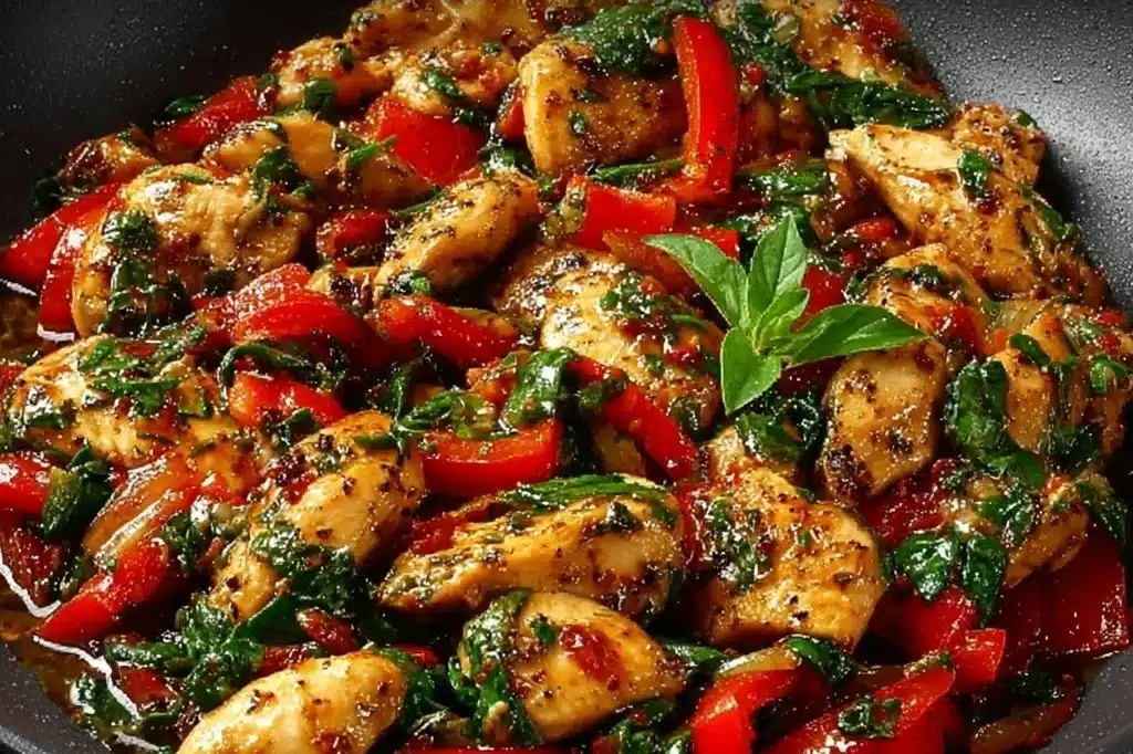 Mediterranean chicken stir fry in a colorful one-pan meal.