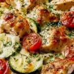 Mediterranean Chicken Zucchini Bake dish garnished with herbs and spices