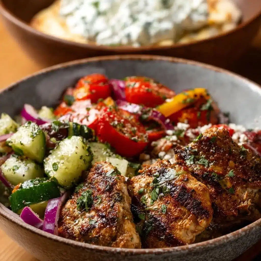Colorful Mediterranean dinner featuring fresh veggies, grilled meats, and aromatic herbs.