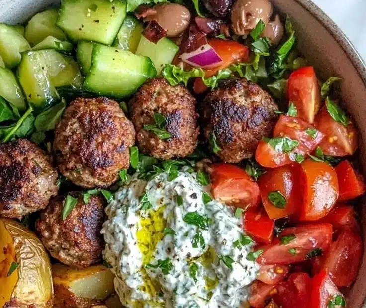 A delicious Mediterranean meatball bowl with fresh ingredients and vibrant colors.