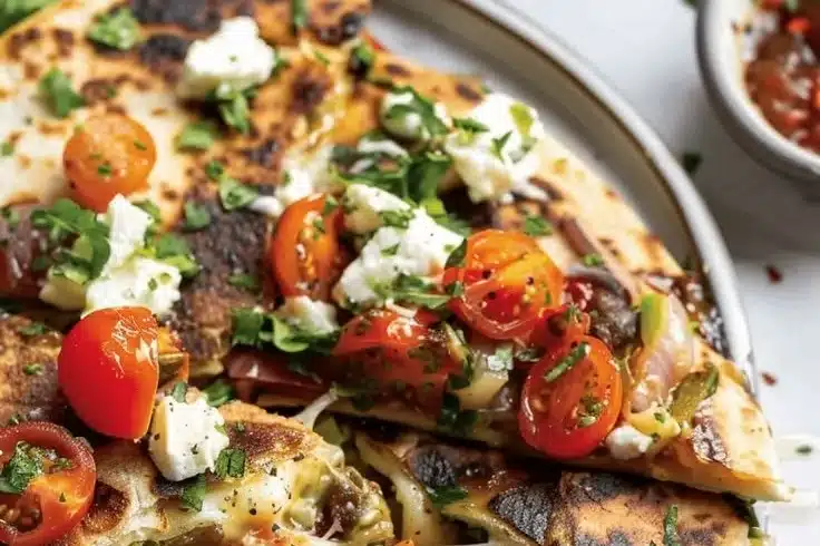 Mediterranean Quesadillas with Spinach, Feta, Mozzarella, and Red Onion