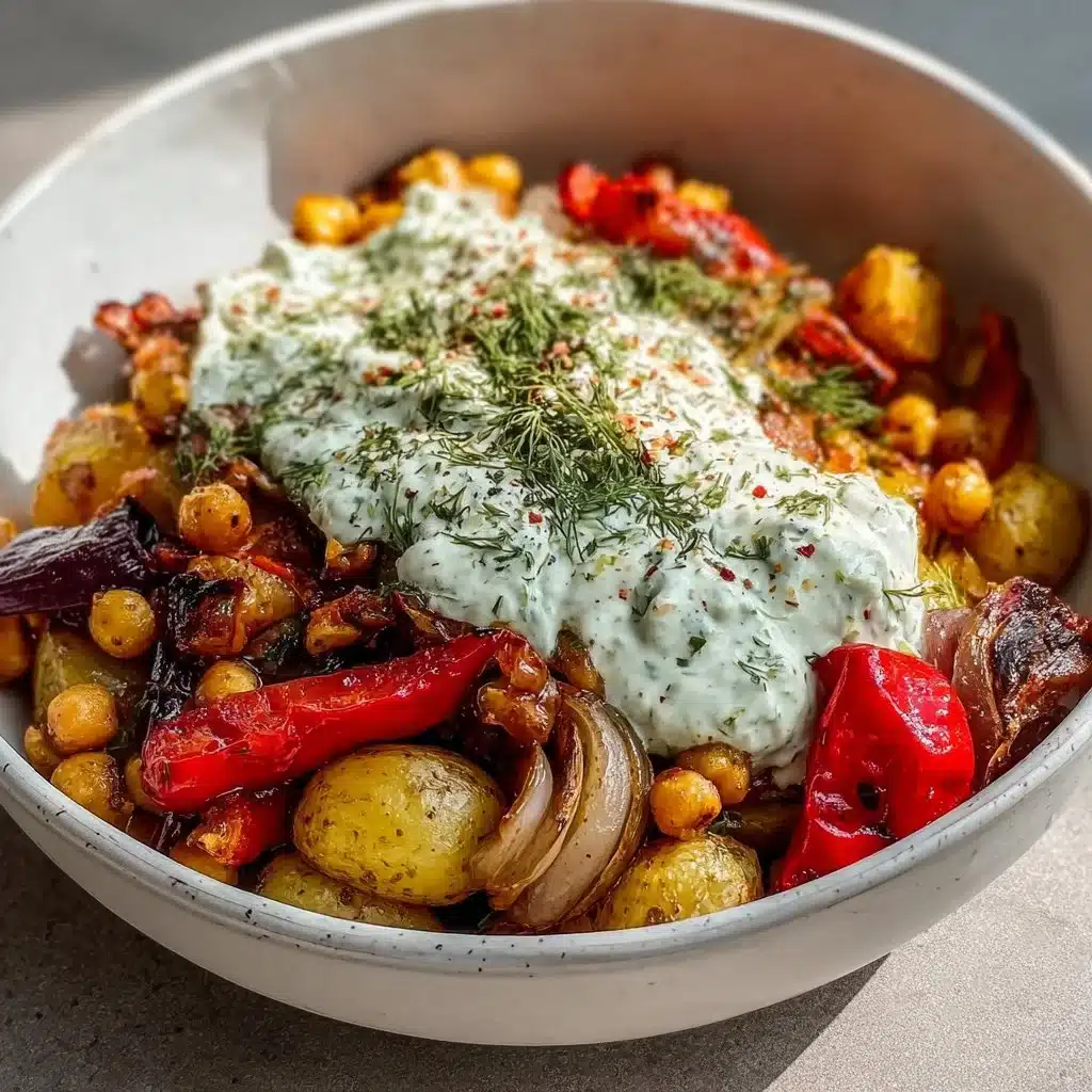 Mediterranean roasted vegetable bowl filled with colorful, nutritious veggies