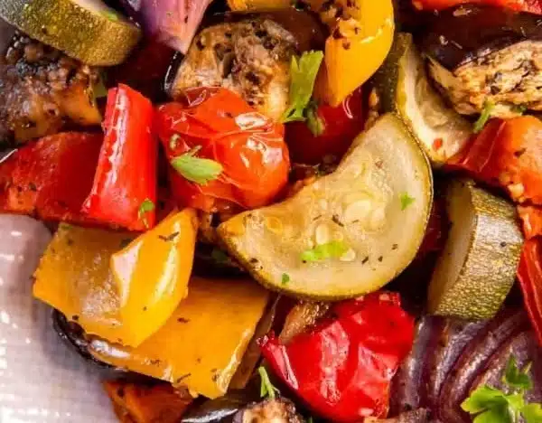 Colorful Mediterranean roasted vegetables served as a healthy side dish.