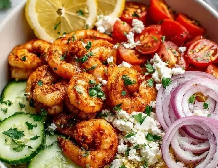 Mediterranean Shrimp Bowl with vibrant vegetables and spices