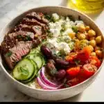 Mediterranean Steak Bowl with fresh vegetables and grilled steak