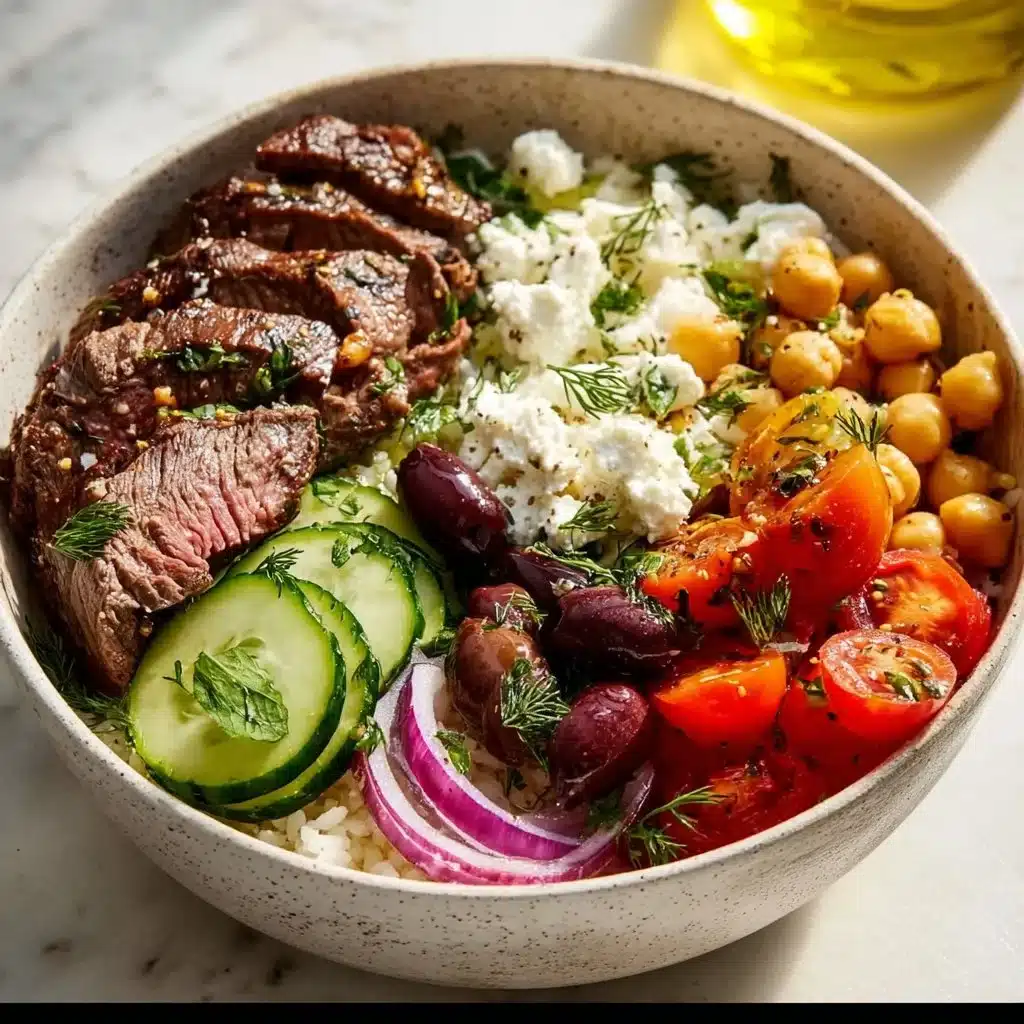 Mediterranean Steak Bowl with fresh vegetables and grilled steak
